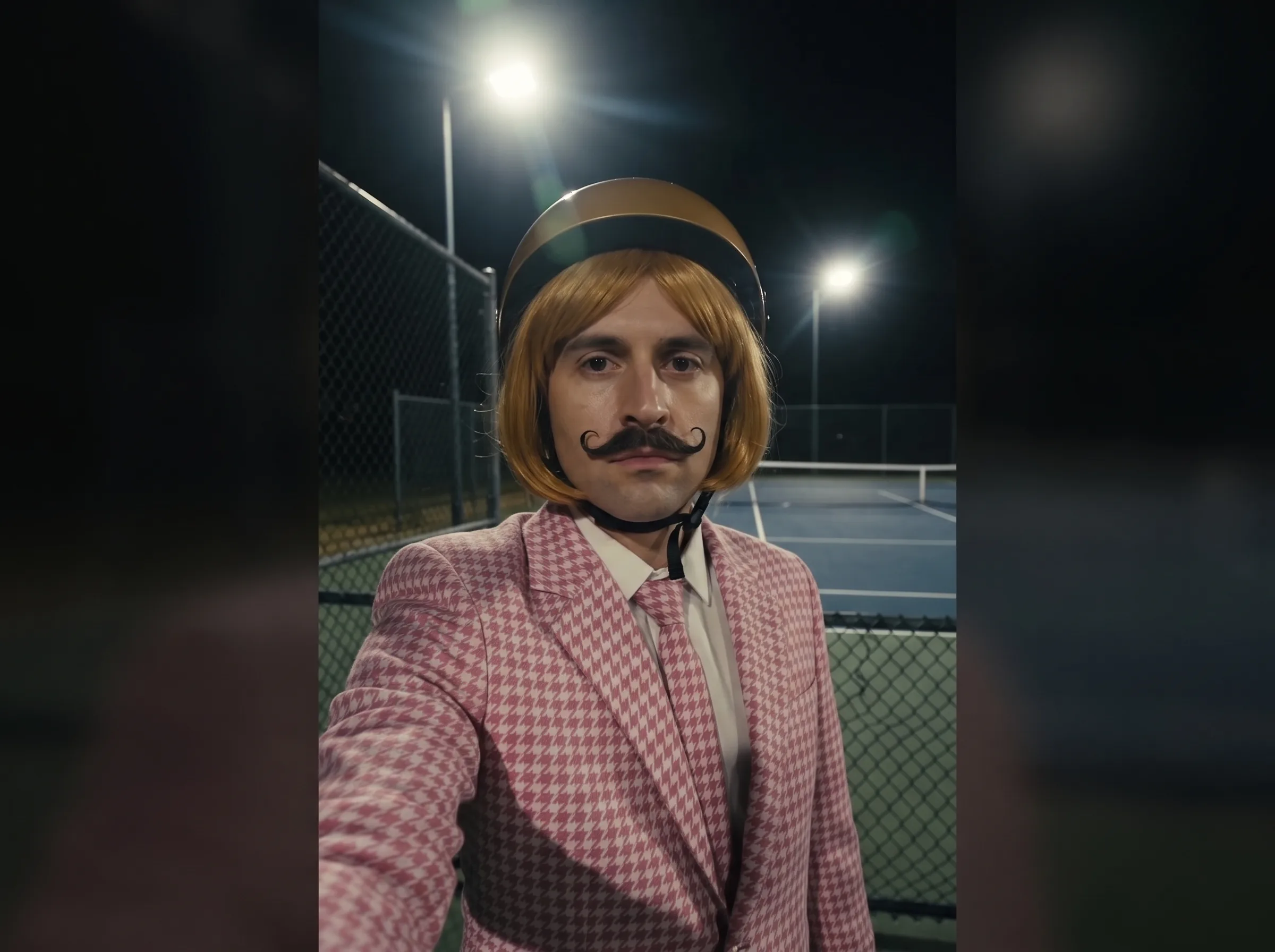 Jean Phil AI photo-to-scene workflow with pink houndstooth suit